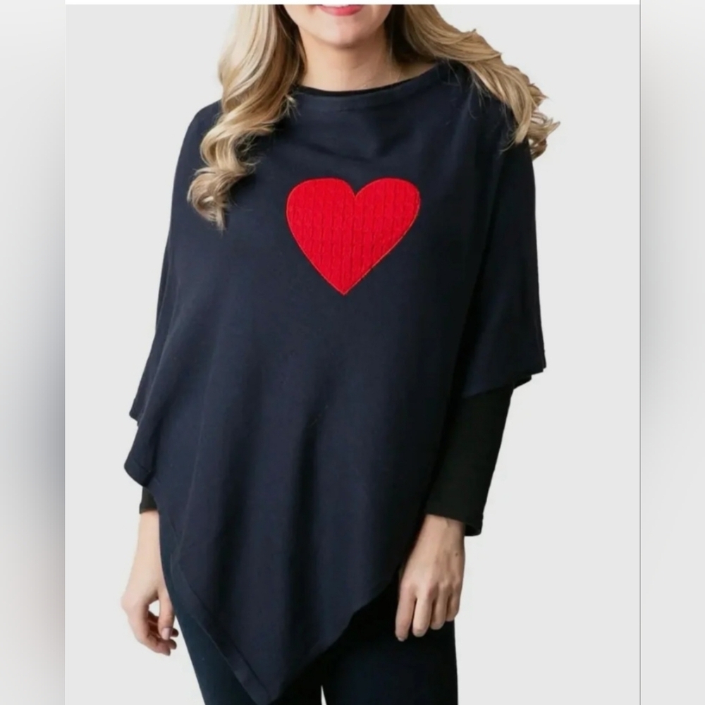 TOP IT OFF Elegant Black Poncho with Red Heart